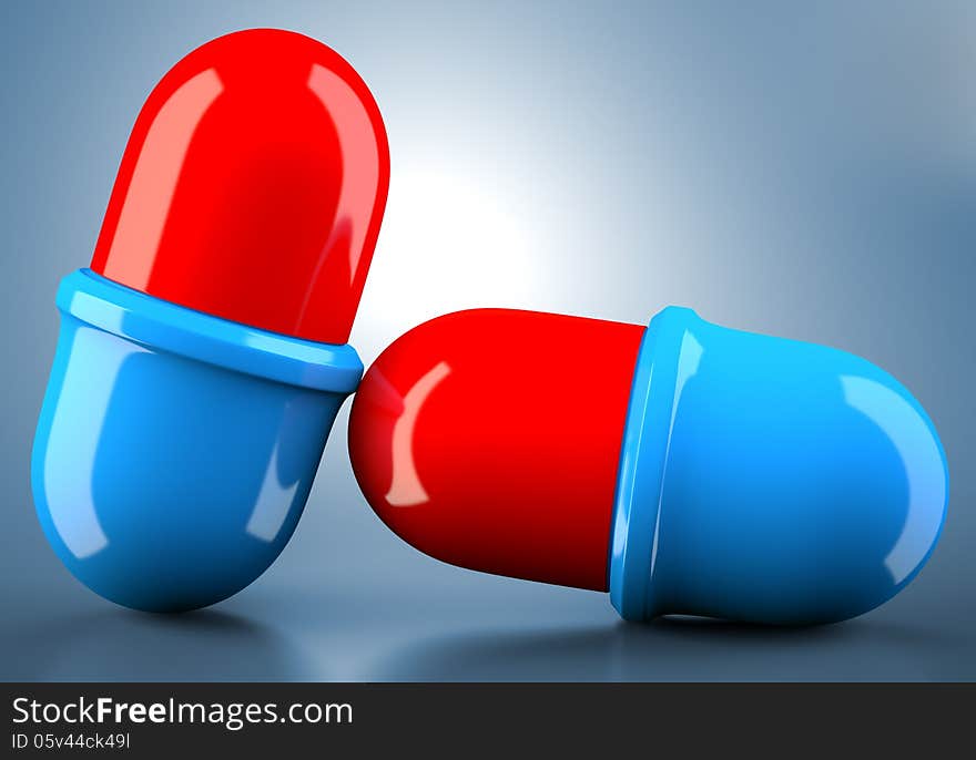 Blue-red pills on dark background. 3d illustration