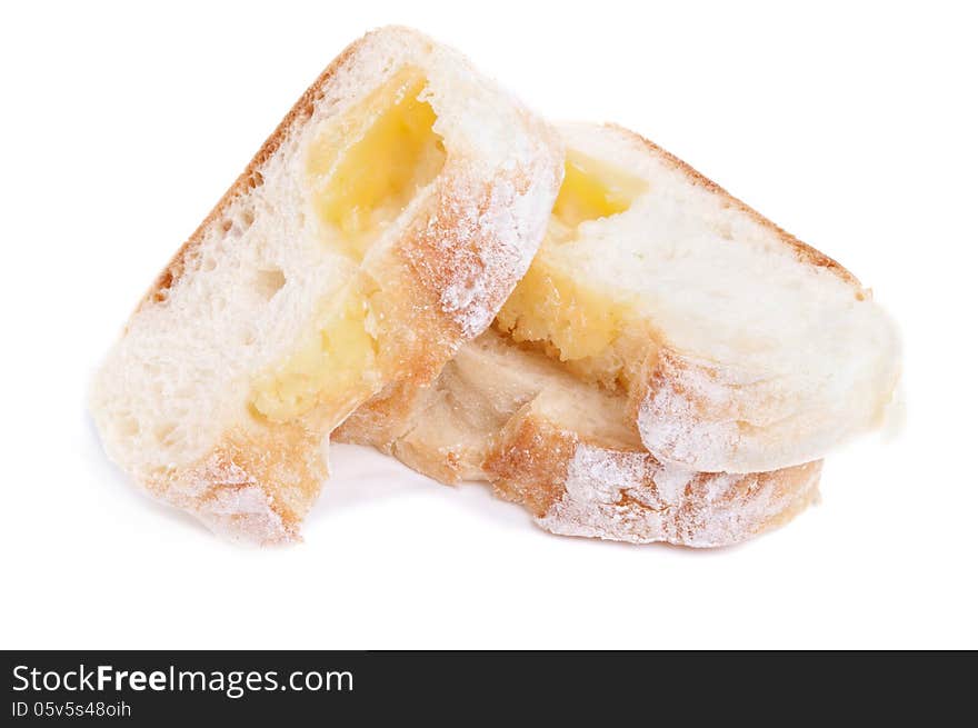 Closeup of slice cheese bread isolated on white. Closeup of slice cheese bread isolated on white