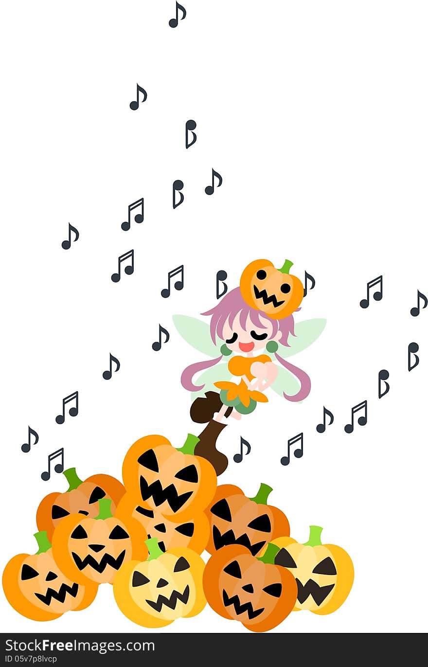 A fairy of the Halloween is singing a song in among many jack-o-lanterns. A fairy of the Halloween is singing a song in among many jack-o-lanterns.