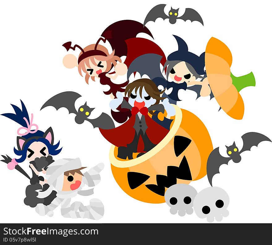 Three devils appear from the jack-o-lantern, and a mummy boy and a black cat girl are surprised. Three devils appear from the jack-o-lantern, and a mummy boy and a black cat girl are surprised.