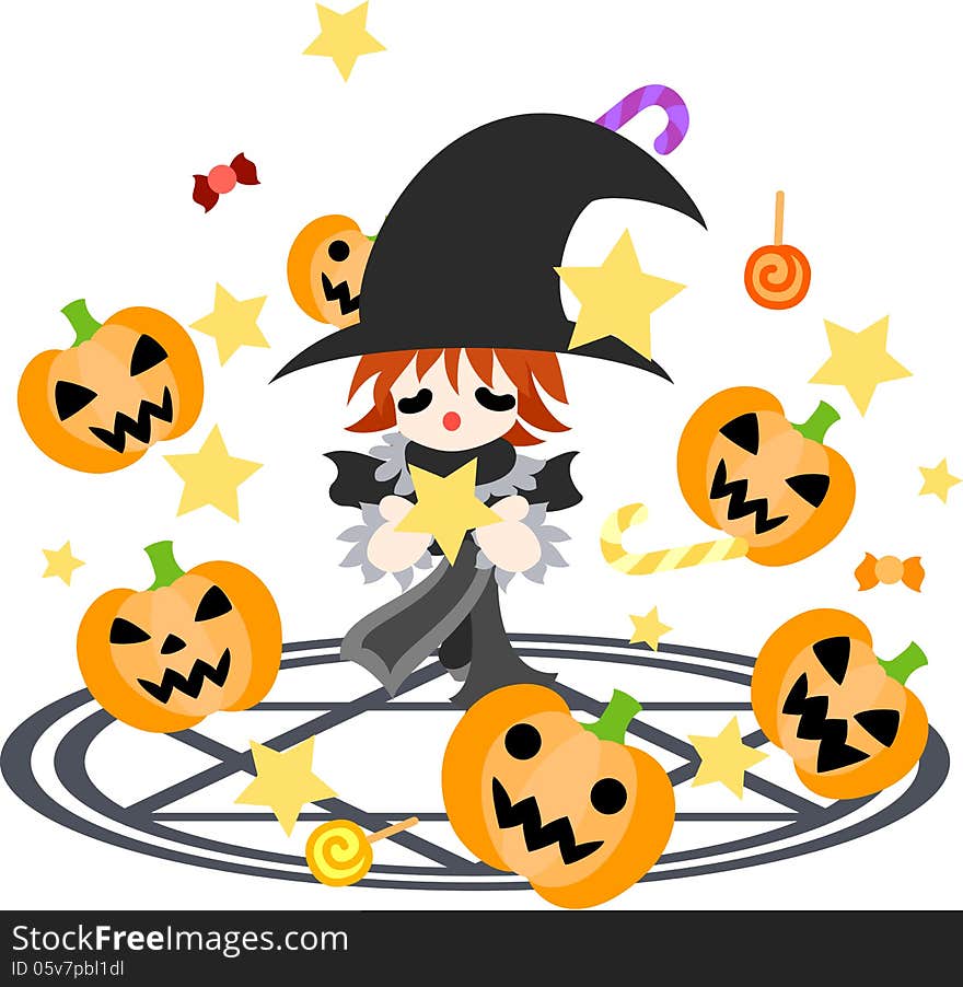 A boy advocates magic on magic square. A jack-o-lantern appeared with sweets. A boy advocates magic on magic square. A jack-o-lantern appeared with sweets.