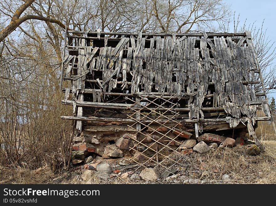 Ramshackle village barn ruins closeup. Ramshackle village barn ruins closeup