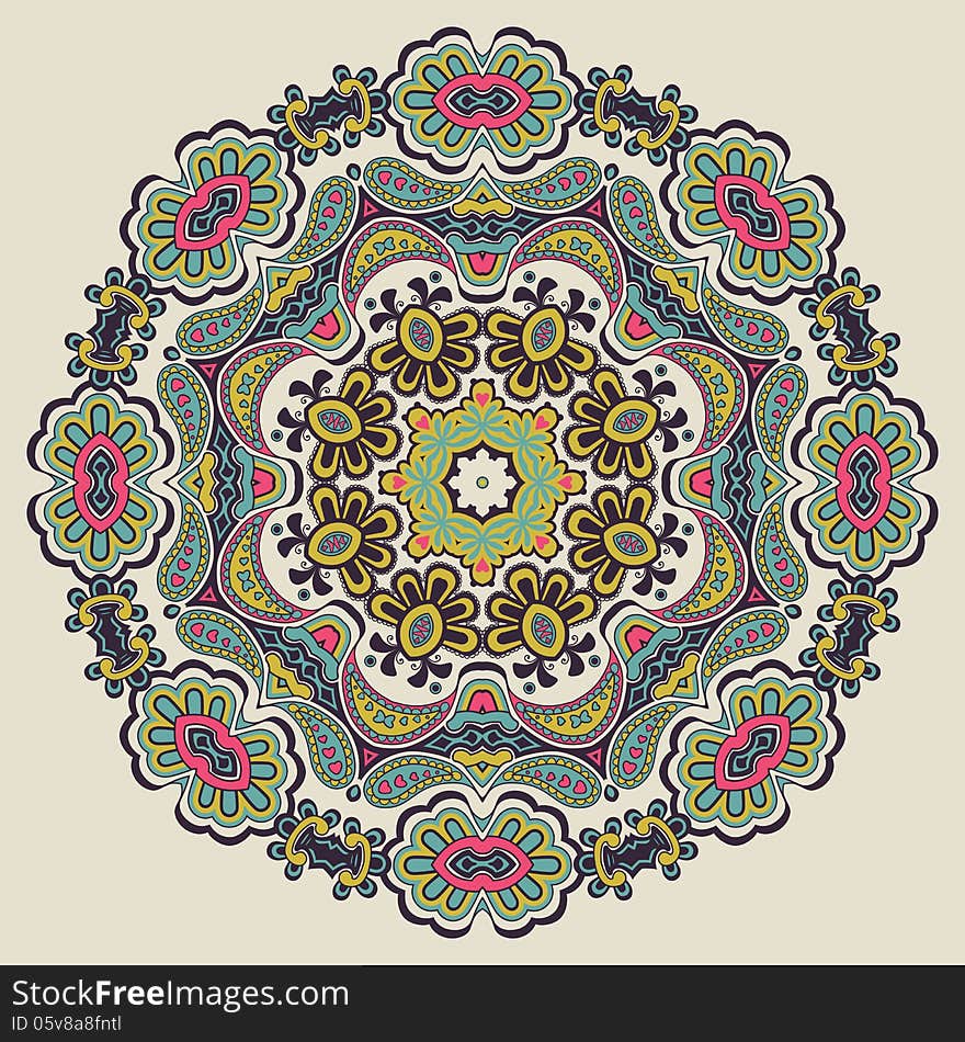 Ornamental round pattern. Circle background with many details.