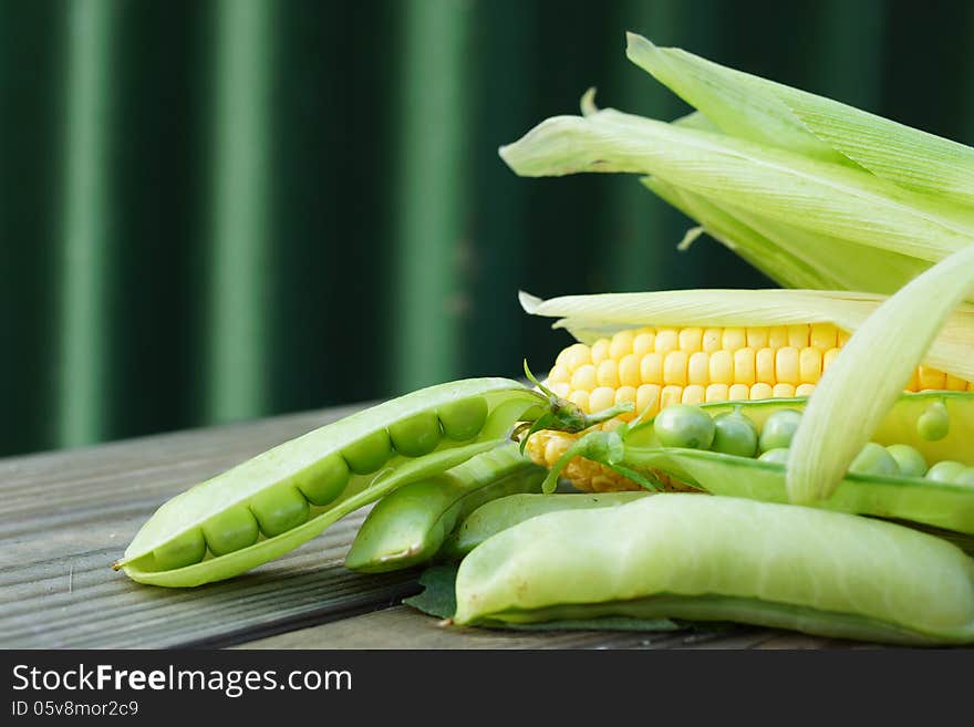 Abstract still life with green peas, corn and wheat. Abstract still life with green peas, corn and wheat.