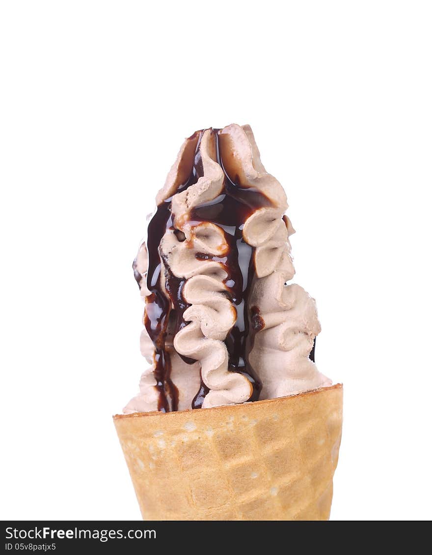 Ice cream with chocolate topping. Close up. White background.