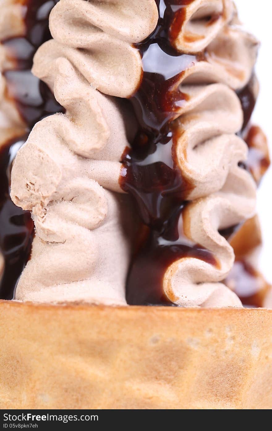 Ice cream with chocolate topping. Close up.