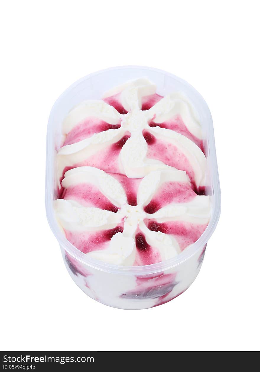 Vanilla ice cream with red syrup poured into a plastic box. White background. Vanilla ice cream with red syrup poured into a plastic box. White background.