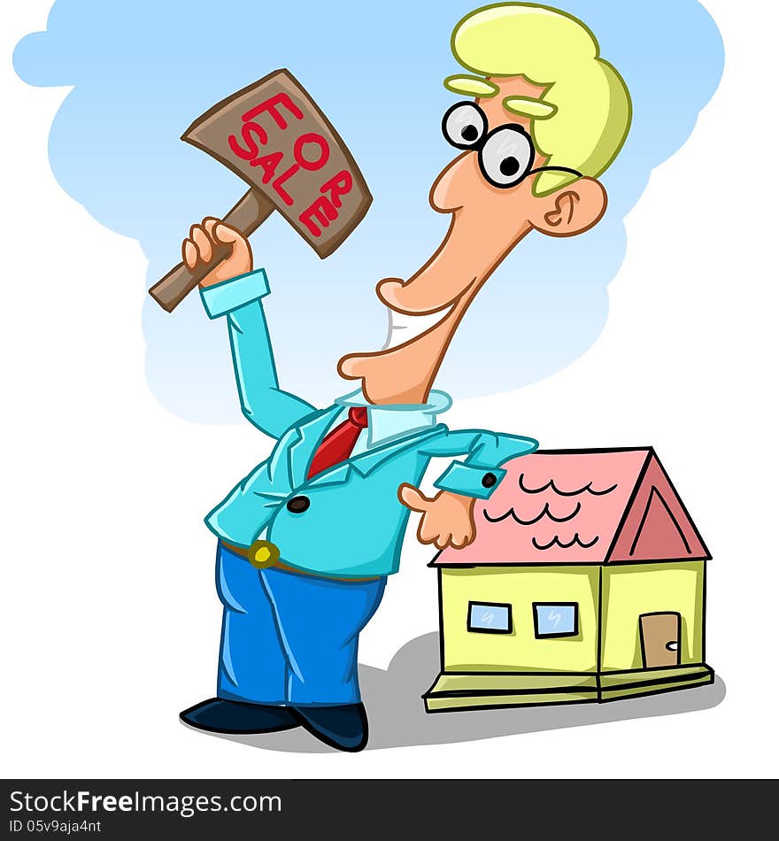 Illustration of a salesman who offers home building. Illustration of a salesman who offers home building