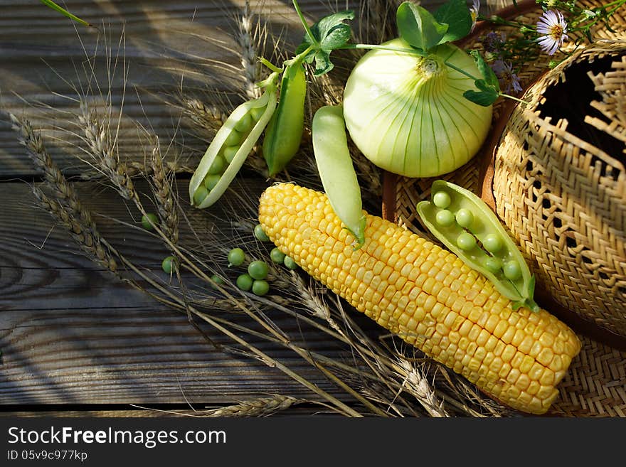 Summer vegetable still life with a green pot, corn, onions and straw hat. Summer vegetable still life with a green pot, corn, onions and straw hat.