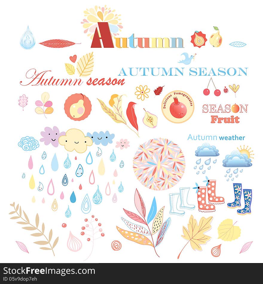 Bright autumn set with different elements on a white background