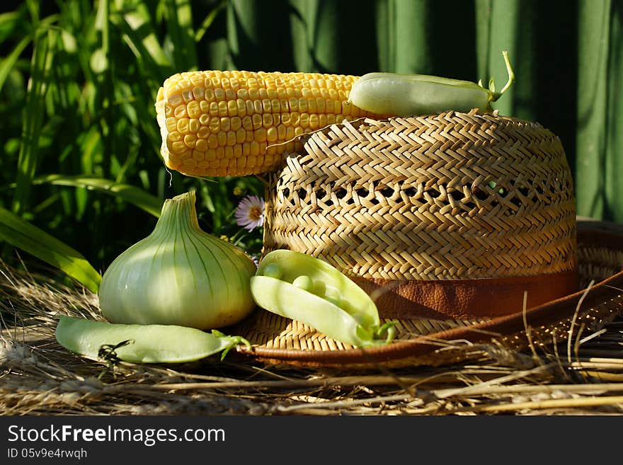 Ear Of Corn, Peas, Onion Straw Hat.