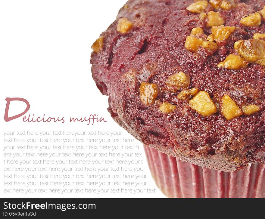 Closeup of red almond muffin and text space. Closeup of red almond muffin and text space