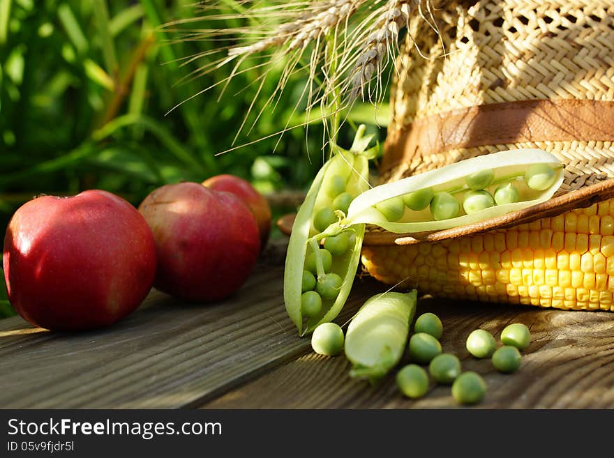 Green pot, corn, onions, apple  and straw hat.