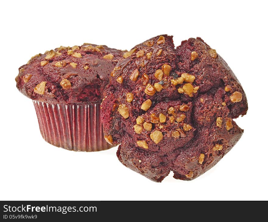 Delicious red almond muffin cake on white background. Delicious red almond muffin cake on white background