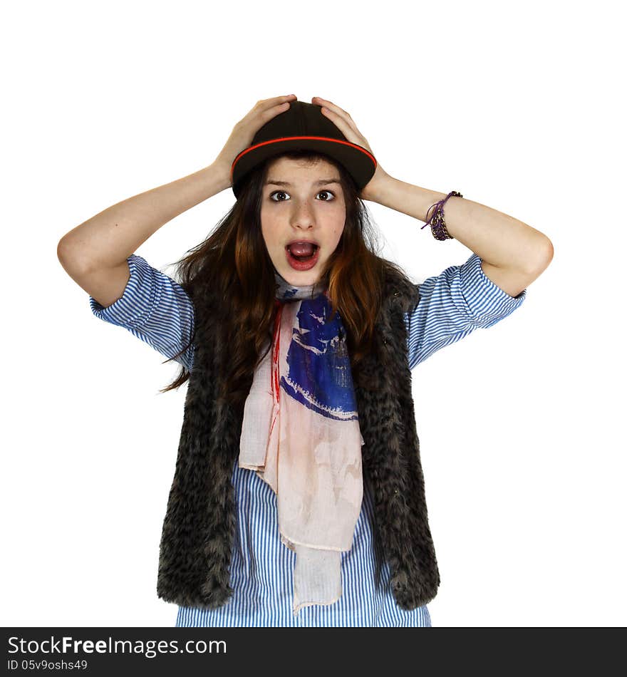 Teenage girl with panic facial expression clasped her head. Portrait isolated on white background. Teenage girl with panic facial expression clasped her head. Portrait isolated on white background