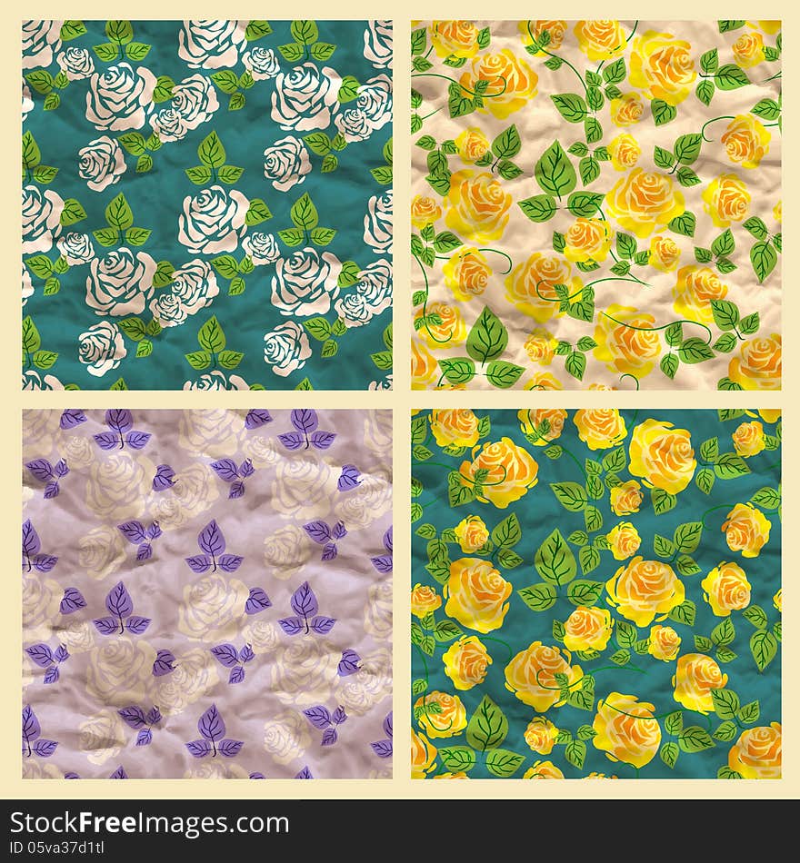 Set Of Vector Seamless Pattern With Roses, Craft P