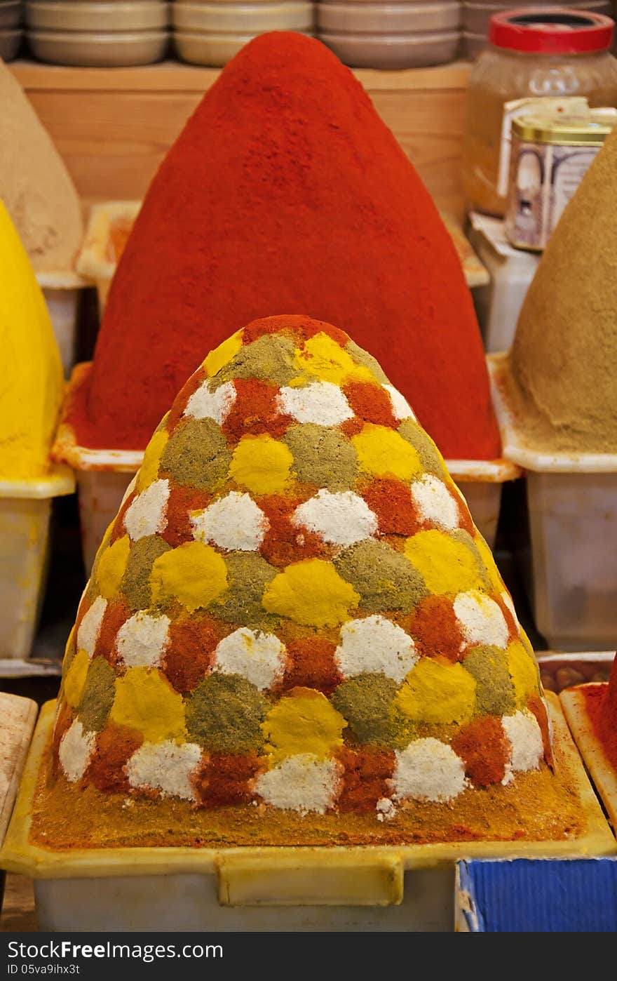 Spice towers in a Moroccan market. Spice towers in a Moroccan market.