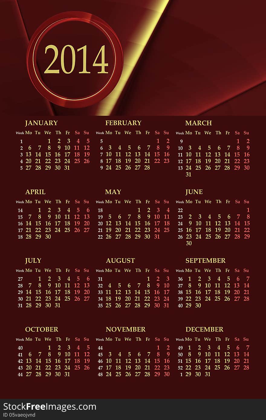 2014 one page calendar on abstract background with weeks number. 2014 one page calendar on abstract background with weeks number