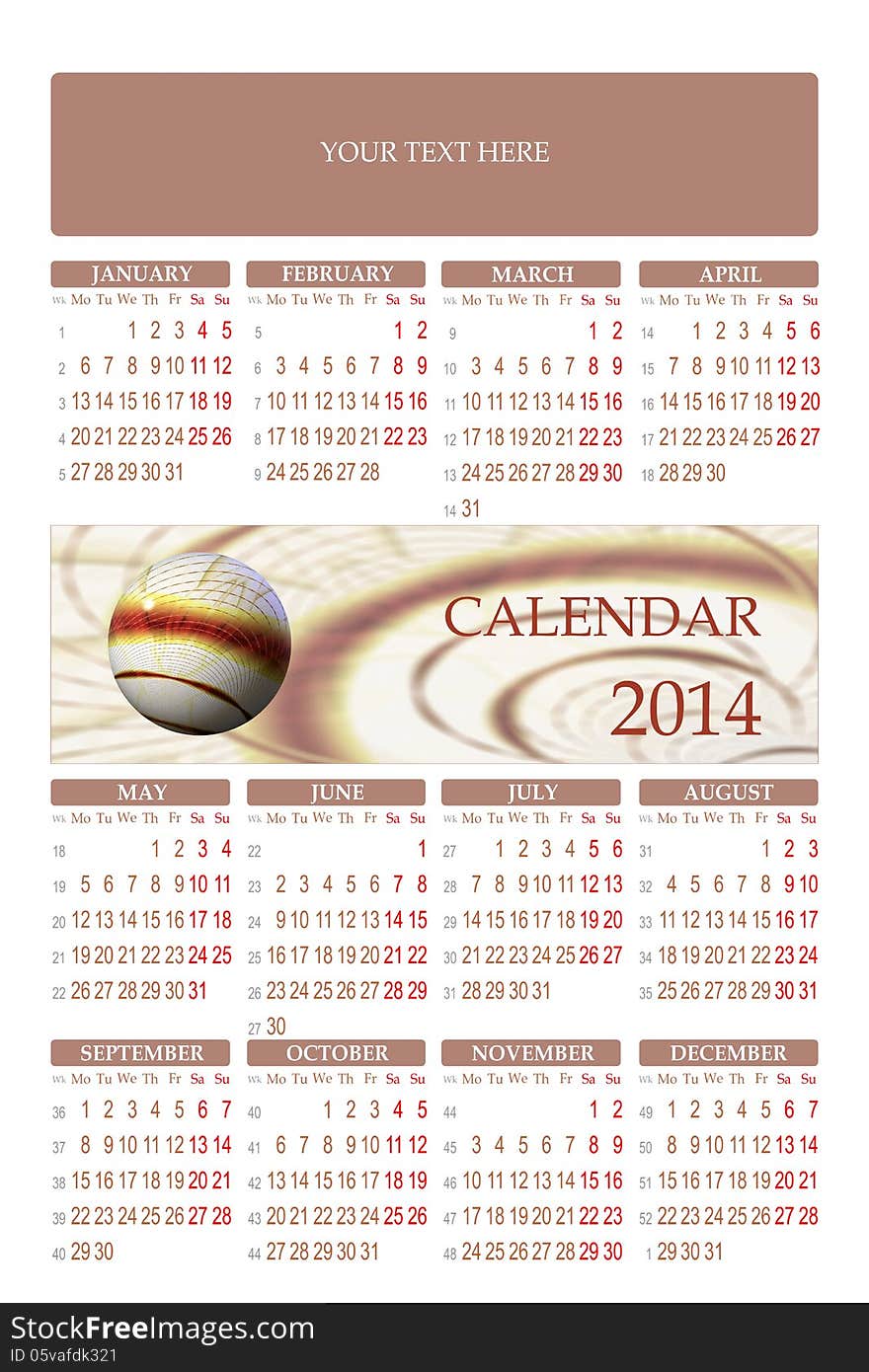 2014 one page calendar with abstract image and weeks number. 2014 one page calendar with abstract image and weeks number