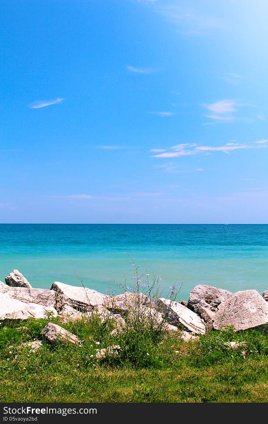 Summer view of calm sea water and blue sky