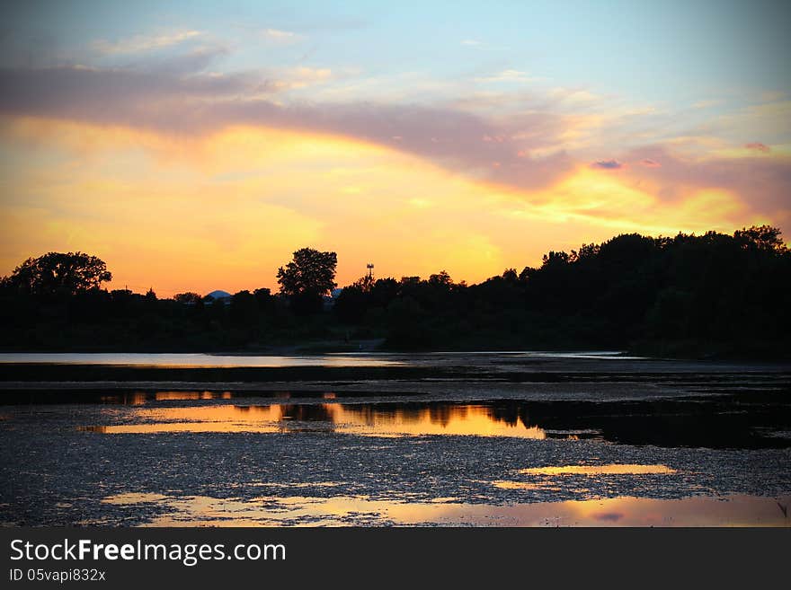 Dramatic sunset over the lake