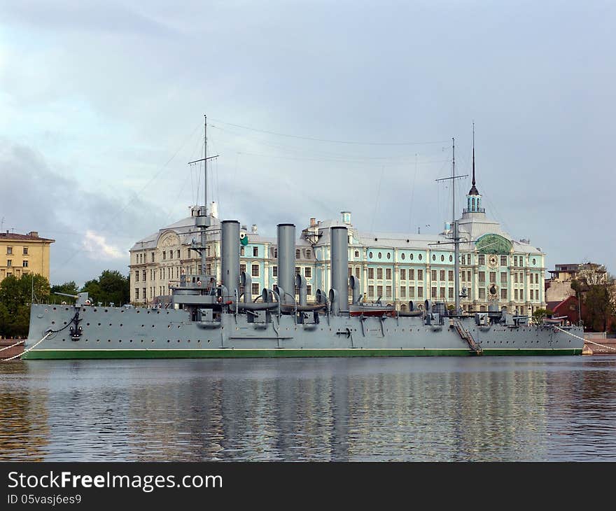 Linear Avrora cruiser of the Russian Navy at Neva Embankmentat of St. Petersburg. Linear Avrora cruiser of the Russian Navy at Neva Embankmentat of St. Petersburg