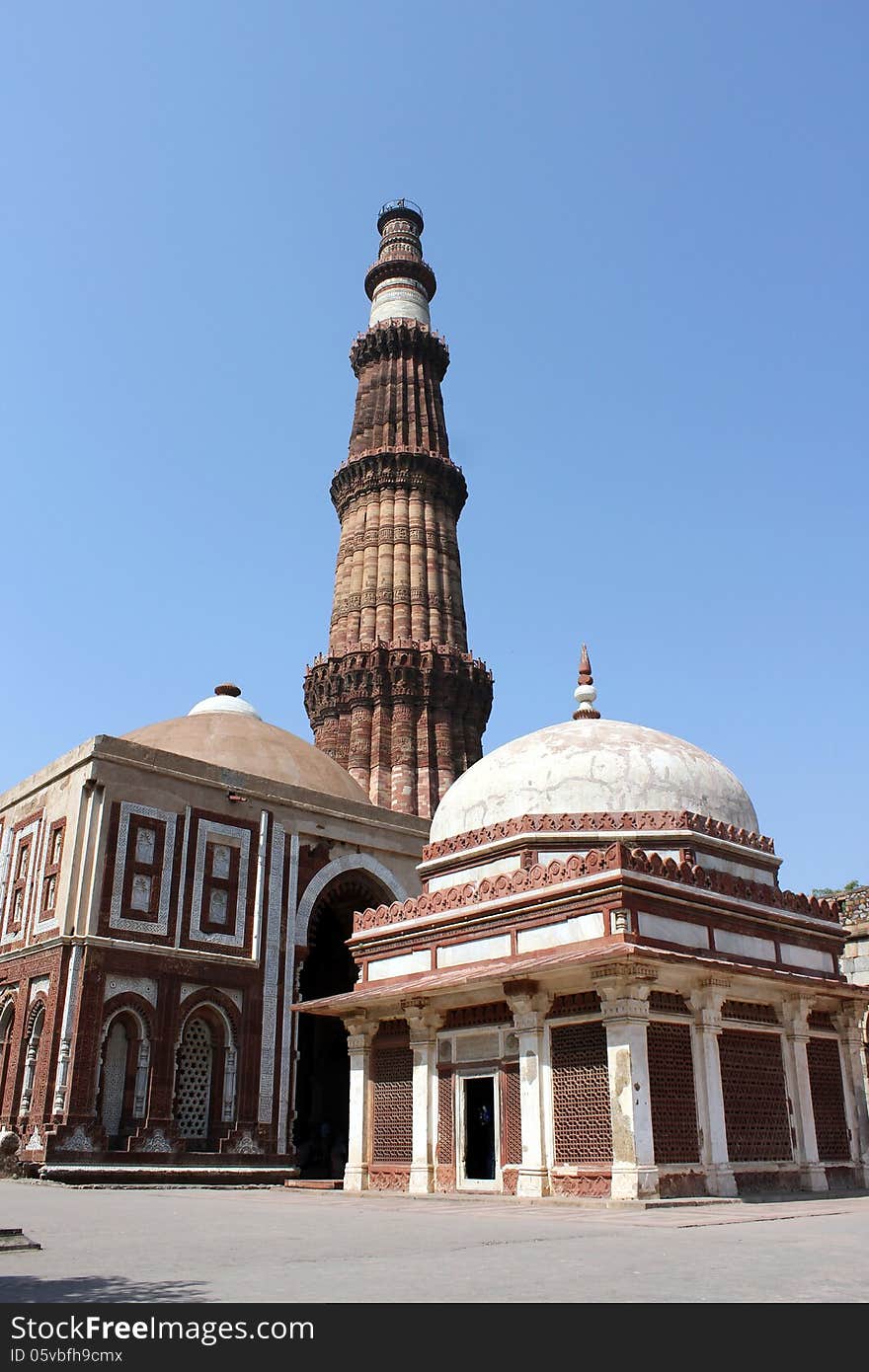 Qutub Minar (The Qutub Tower‎), also known as Qutb Minar and Qutab Minar, is the tallest minar in India. Located in Delhi, the Qutub Minar is made of red sandstone and marble. The tower has 379 stairs, is 72.5 metres (237.8 ft) high, and has a base diameter of 14.3 metres, which narrows to 2.7 metres at the top storey. Construction was started in 1192 by Qutub-ud-din Aibak and was completed by Iltutmish. Qutub Minar (The Qutub Tower‎), also known as Qutb Minar and Qutab Minar, is the tallest minar in India. Located in Delhi, the Qutub Minar is made of red sandstone and marble. The tower has 379 stairs, is 72.5 metres (237.8 ft) high, and has a base diameter of 14.3 metres, which narrows to 2.7 metres at the top storey. Construction was started in 1192 by Qutub-ud-din Aibak and was completed by Iltutmish.