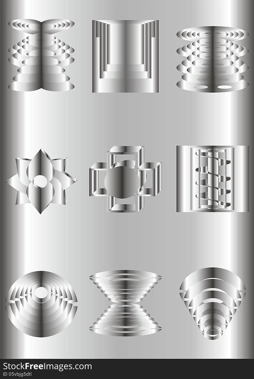 Metal chrome shapes of different configurations, on a metal background. Metal chrome shapes of different configurations, on a metal background.