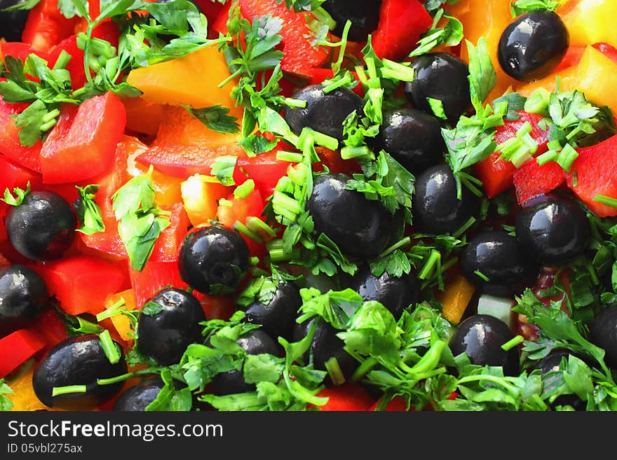 Salad with tomatoes, peppers and olives. Salad with tomatoes, peppers and olives