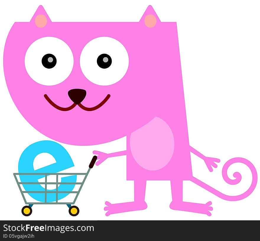 Illustration of a cat pushing a cart with the letter e. Illustration of a cat pushing a cart with the letter e