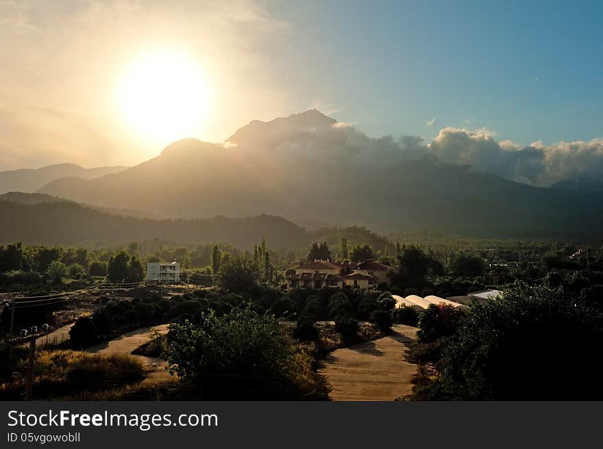 Sunset over the mountain Tahtalı in Turkey