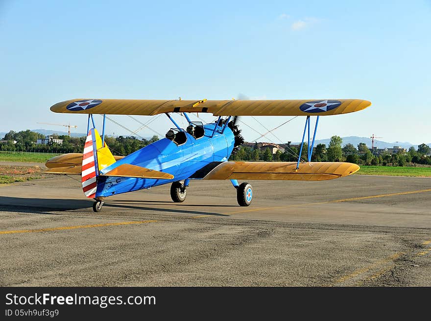 Cockpit of vintage airplane boeing Sterman takeoff. Cockpit of vintage airplane boeing Sterman takeoff