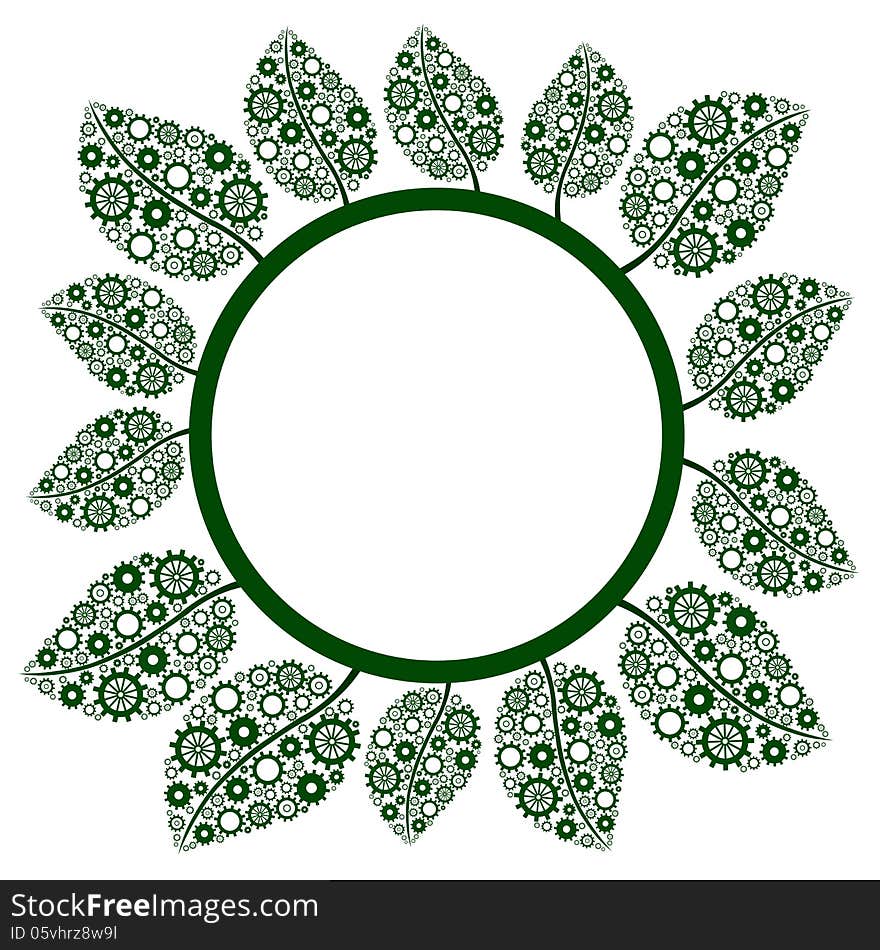 A graphical representation of a circle surround by leaves made of gears. A graphical representation of a circle surround by leaves made of gears.