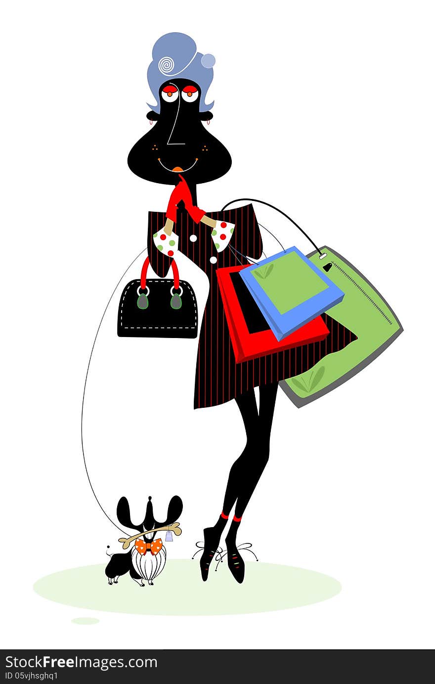 A women with bags and dog goes shopping