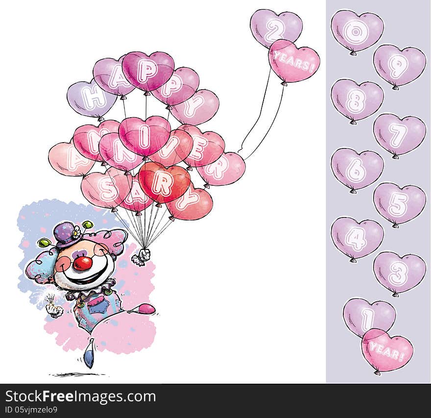 Cartoon/Artistic illustration of a Clown with Heart Balloons Saying Happy Anniversary - Baby Colors. Number balloon has 1 to 0 in place on an indicated group.