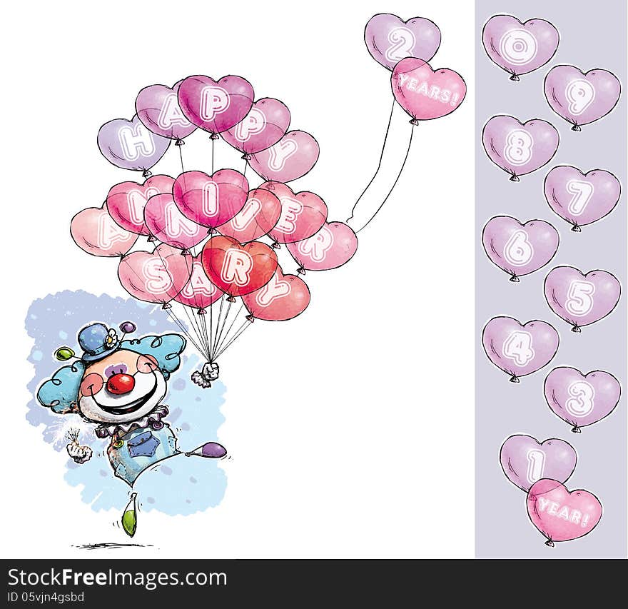 Clown With Heart Balloons Saying Happy Anniversary