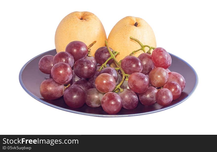 Chinese pear and grape in black plate on white background