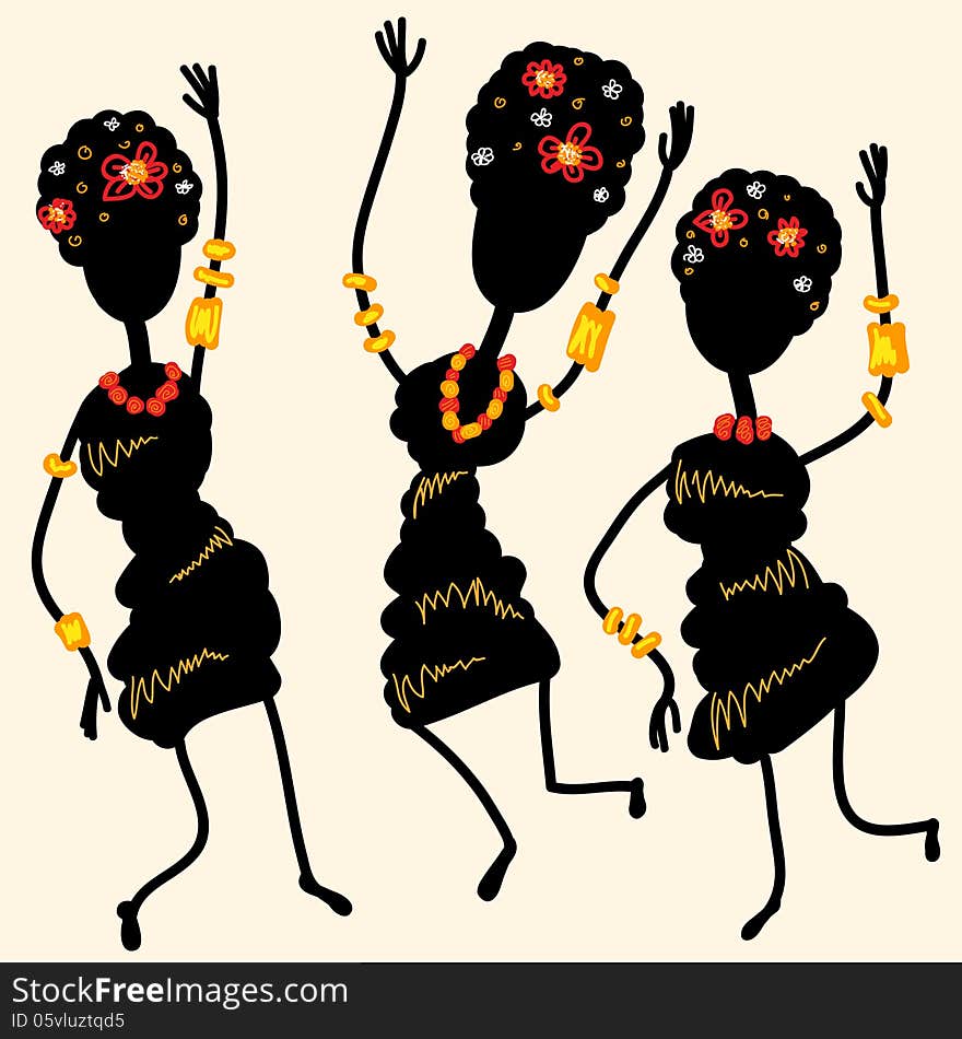 Silhouettes of three dancing African women with flowers and bracelets. Silhouettes of three dancing African women with flowers and bracelets