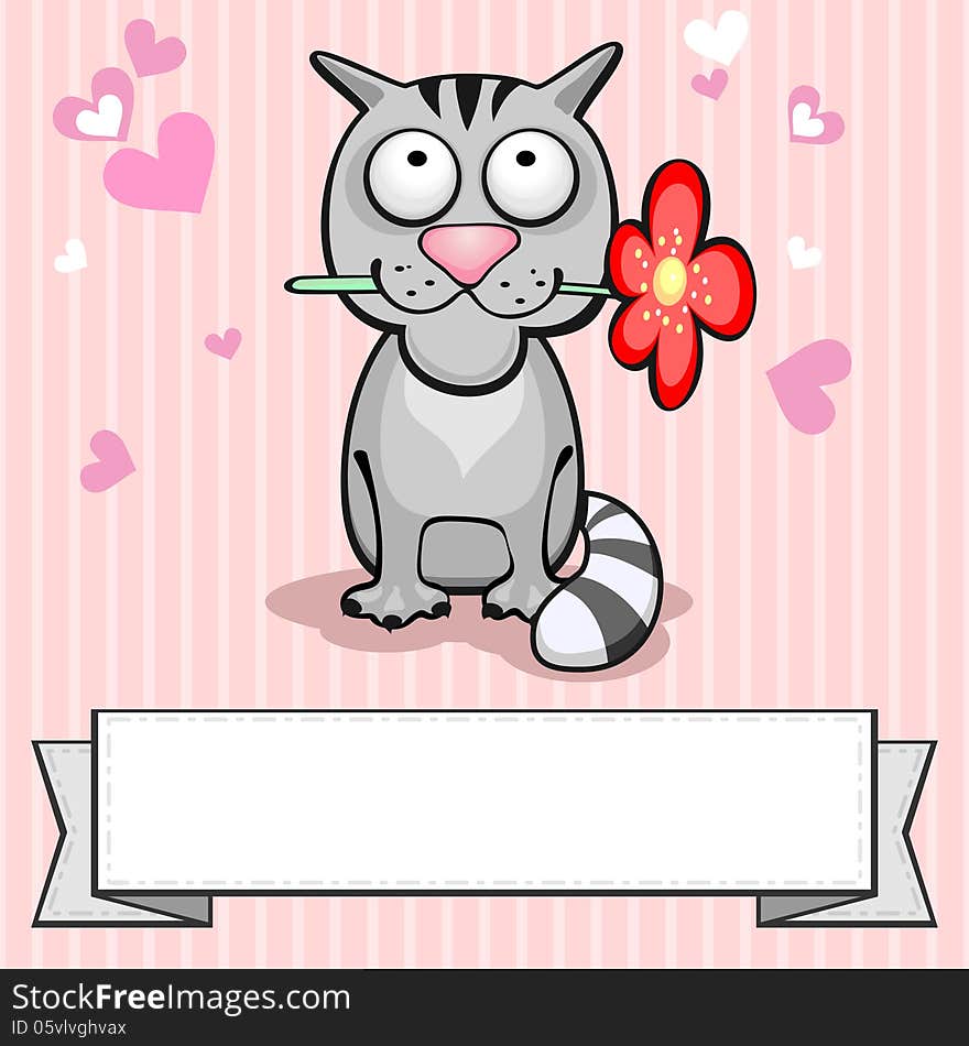 Card with gray cartoon cat and paper banner. Card with gray cartoon cat and paper banner