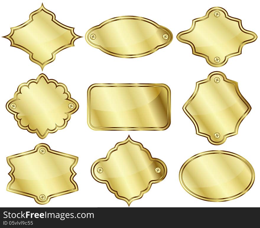 Set of nine isolated golden labels or plates