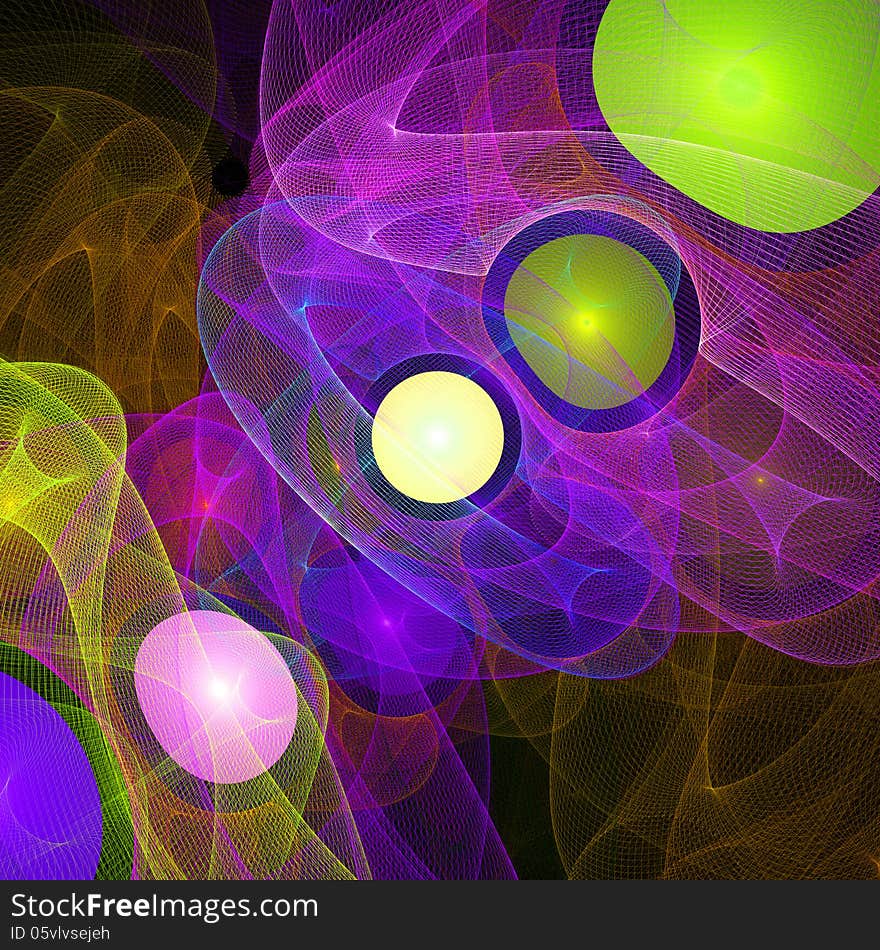 Pattern from a grid and multi-colored spheres. Computer generated graphics.