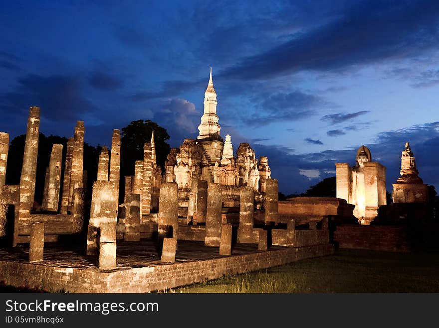 The central group showing the main chedi at Wat Mahathat, Sukhothai province, Thailand. The central group showing the main chedi at Wat Mahathat, Sukhothai province, Thailand