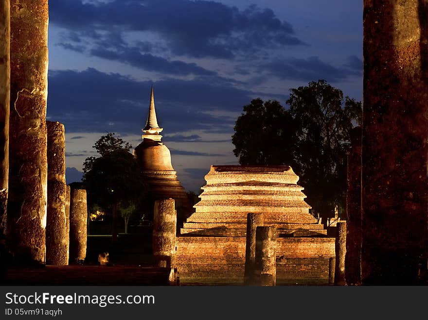 Illuminated prang at Wat Chana Songkram in Sukhothai province, Thailand. Illuminated prang at Wat Chana Songkram in Sukhothai province, Thailand