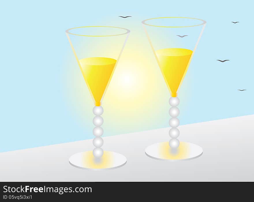 Two glasses. Two glasses of juice on the terrace view of the sky, the sun and birds.