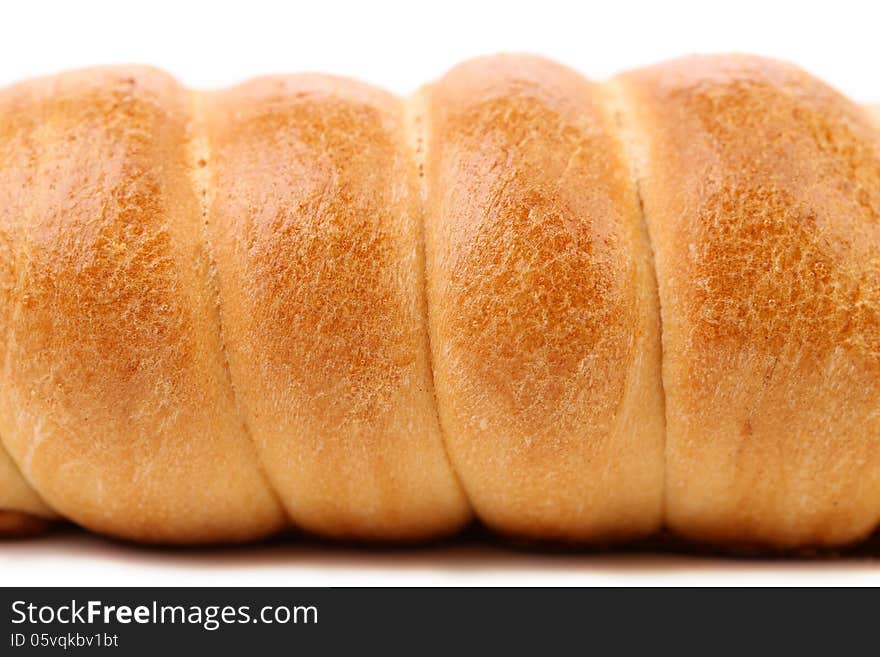 Baked hot dog. Close up. White background. Baked hot dog. Close up. White background.