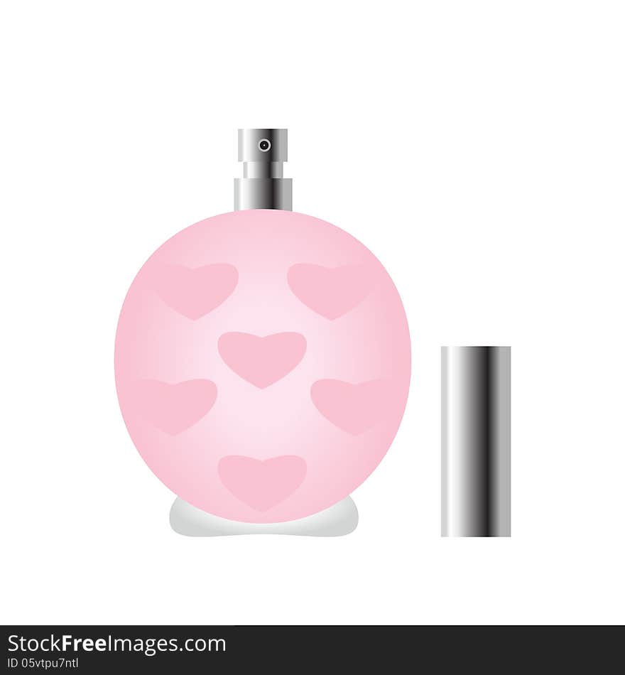 Perfume. Pink perfume bottle, heart background.