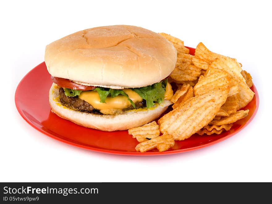 cheese burger on plate with chips