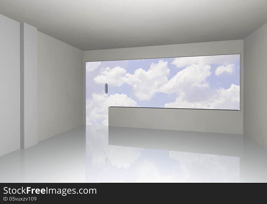 White empty interior with sky