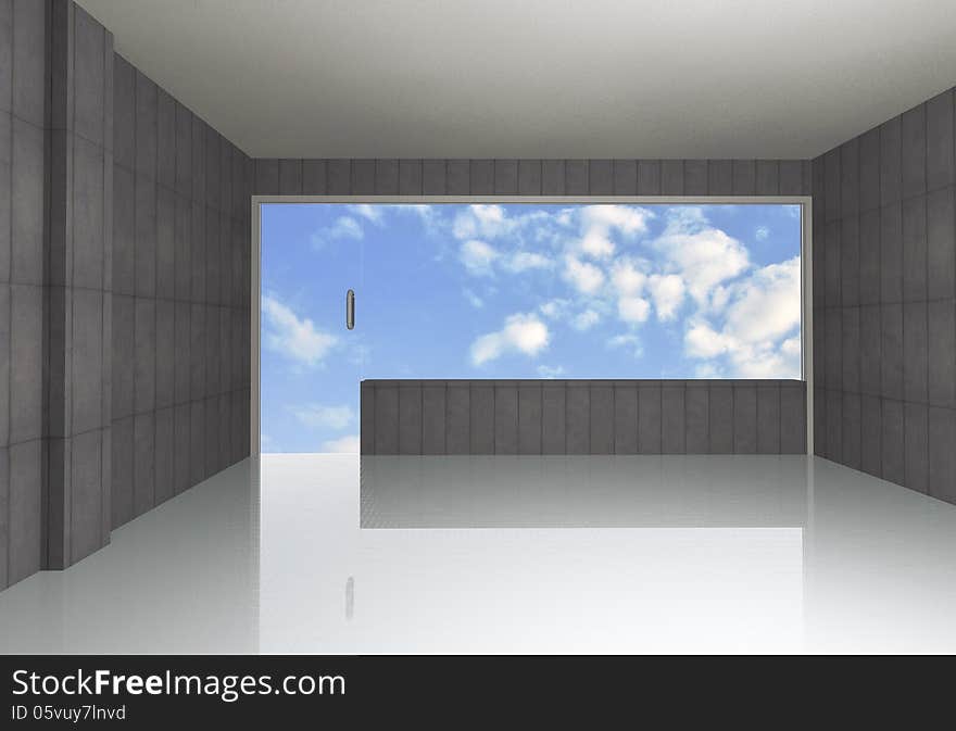 Empty bare concrete room , blue sky background