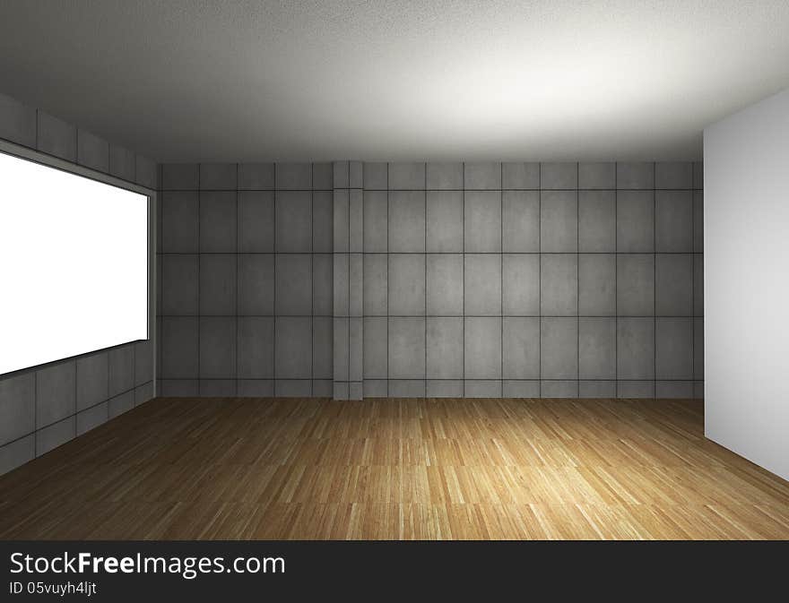 3D rendered of empty interior with bare concrete wall and wood floor